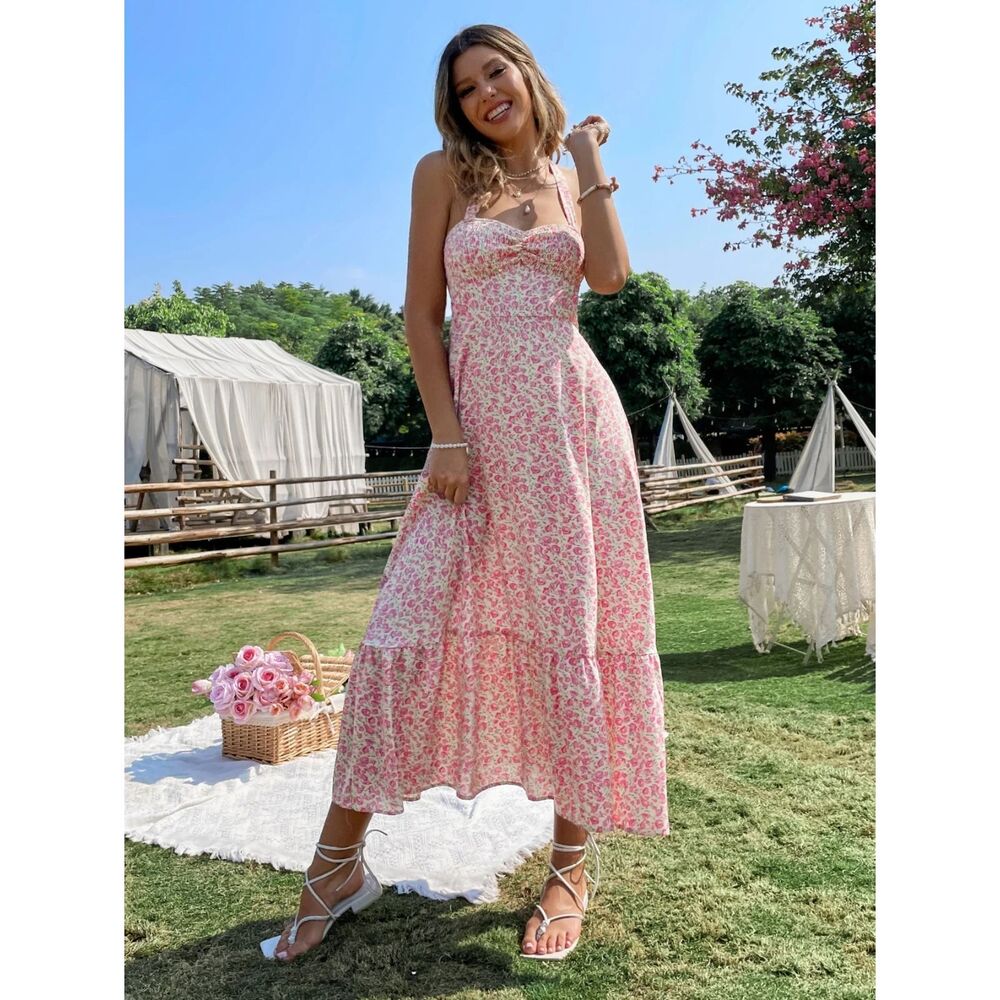 SHEIN Pink Floral Tiered Flowy Sleeveless Halter Maxi Dress Women's Size S